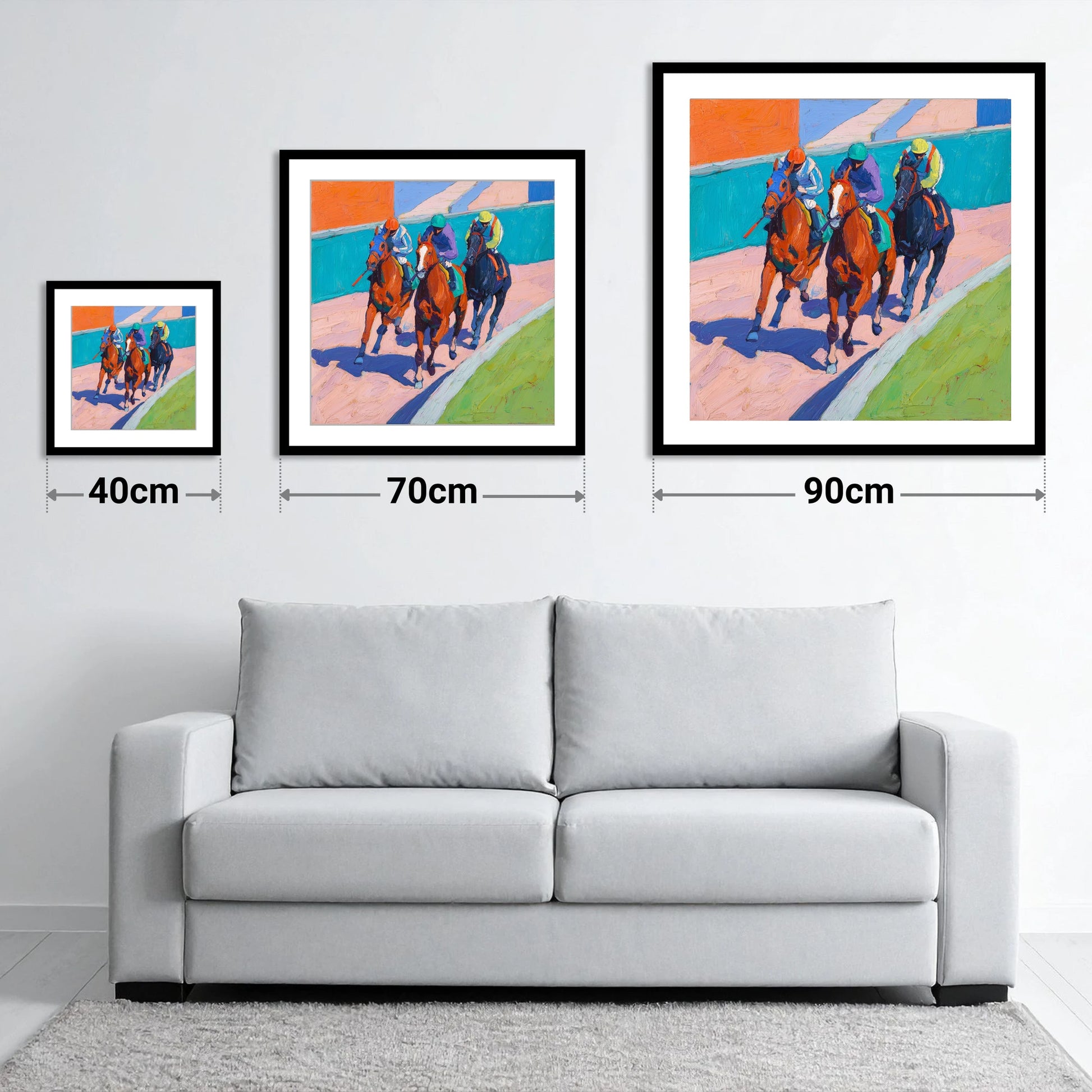 The Final Furlong - size guide showing 40cm, 70cm and 90cm art prints