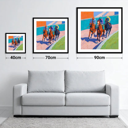 The Final Furlong - size guide showing 40cm, 70cm and 90cm art prints