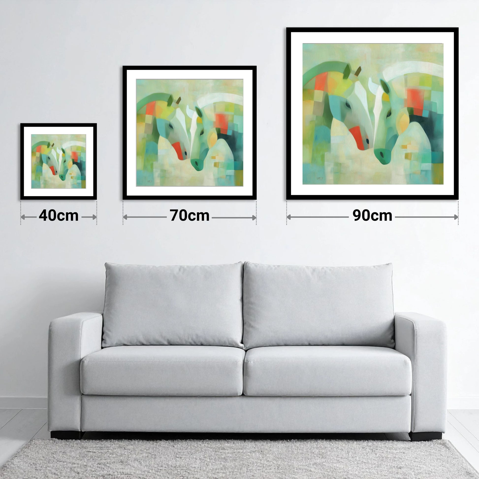 Geometric Equine Harmony - size guide showing 40cm, 70cm and 90cm art prints