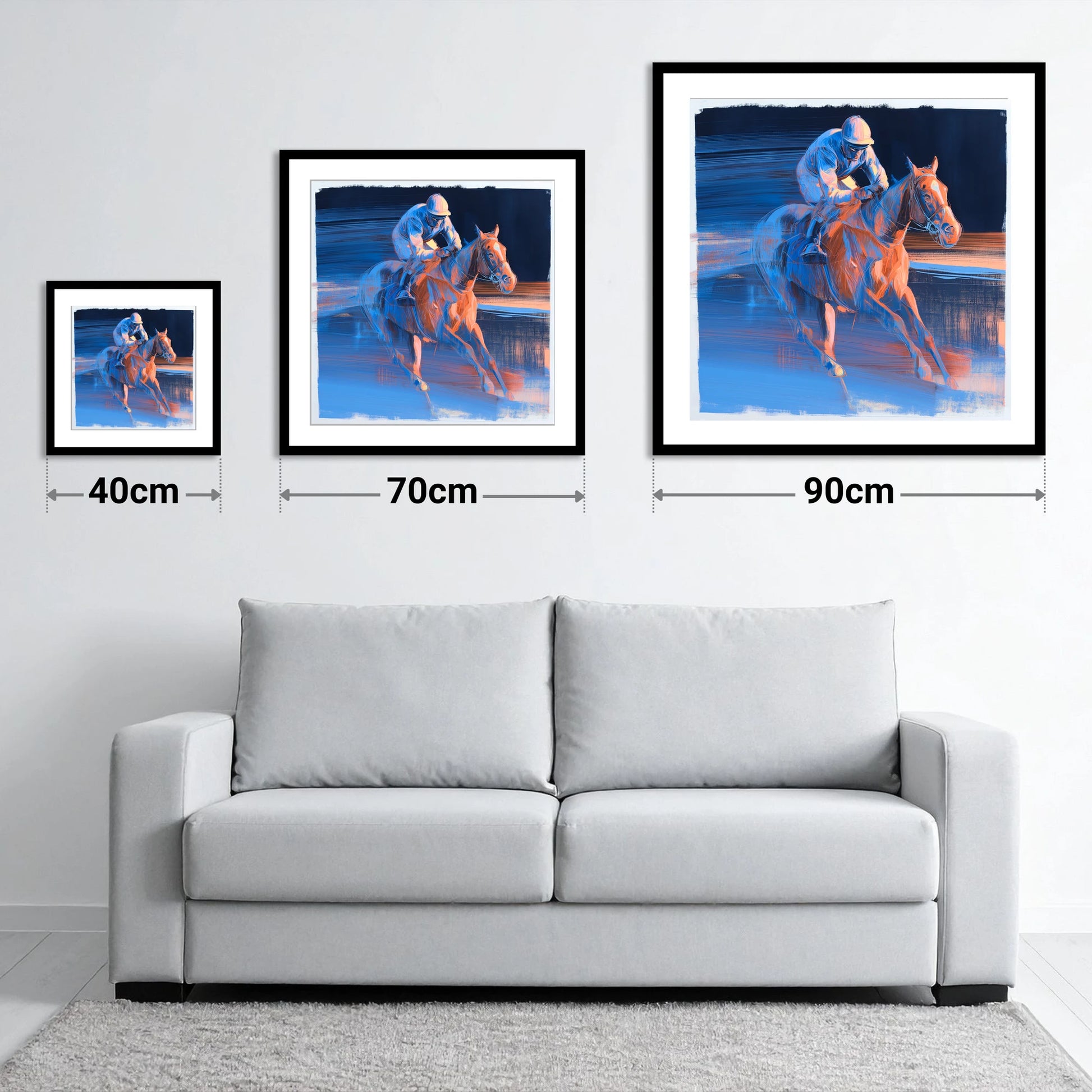 Twilight Stretch - size guide showing 40cm, 70cm and 90cm art prints