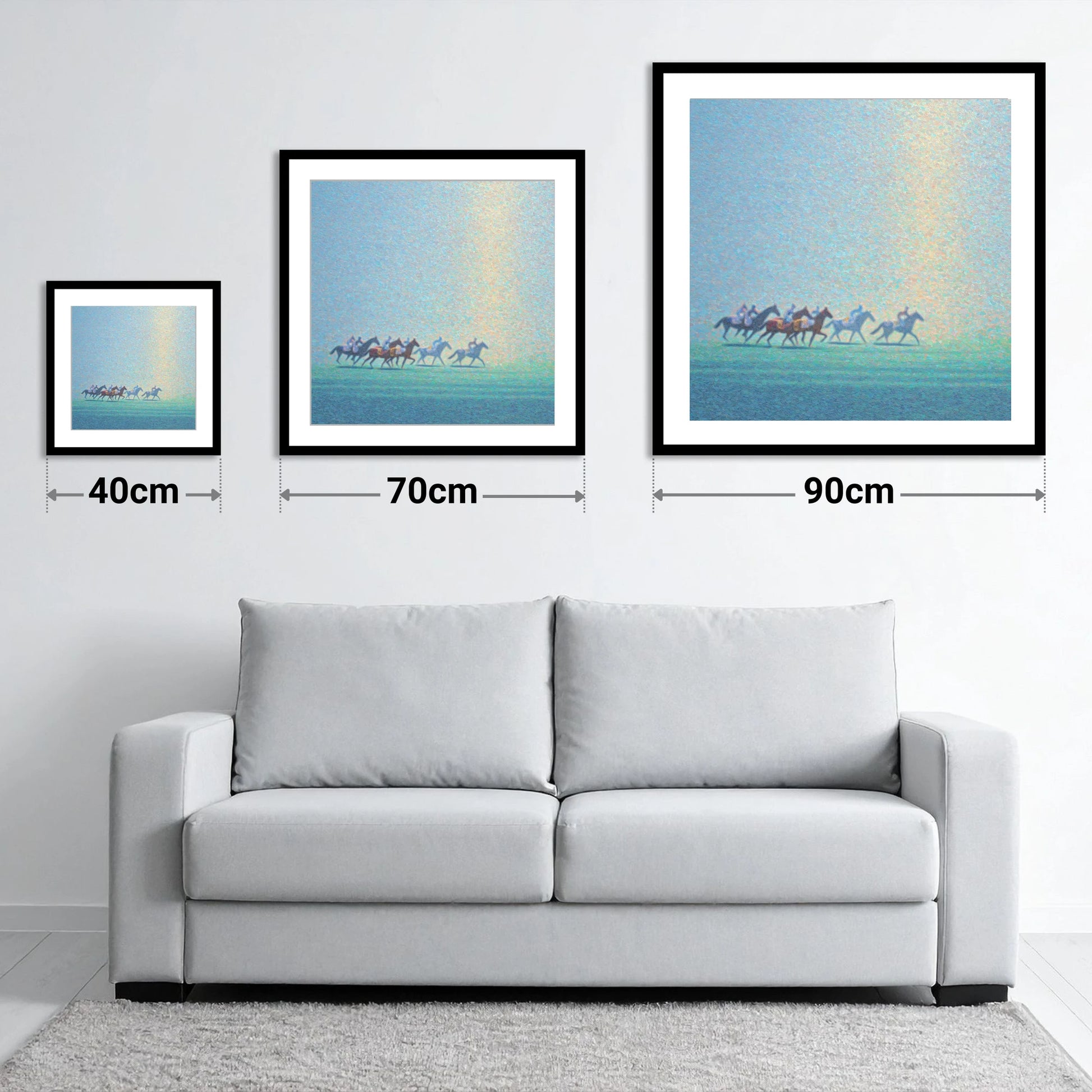 Ethereal Morning Gallop - size guide showing 40cm, 70cm and 90cm art prints
