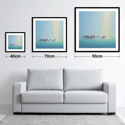 Ethereal Morning Gallop - size guide showing 40cm, 70cm and 90cm art prints