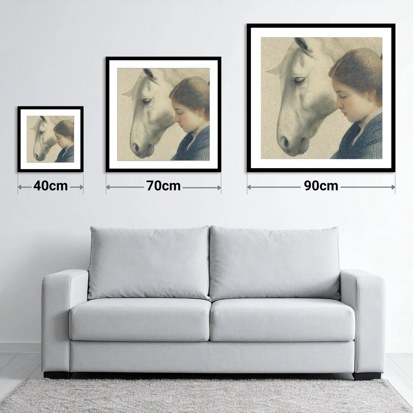 Gentle Reflections - size guide showing 40cm, 70cm and 90cm art prints