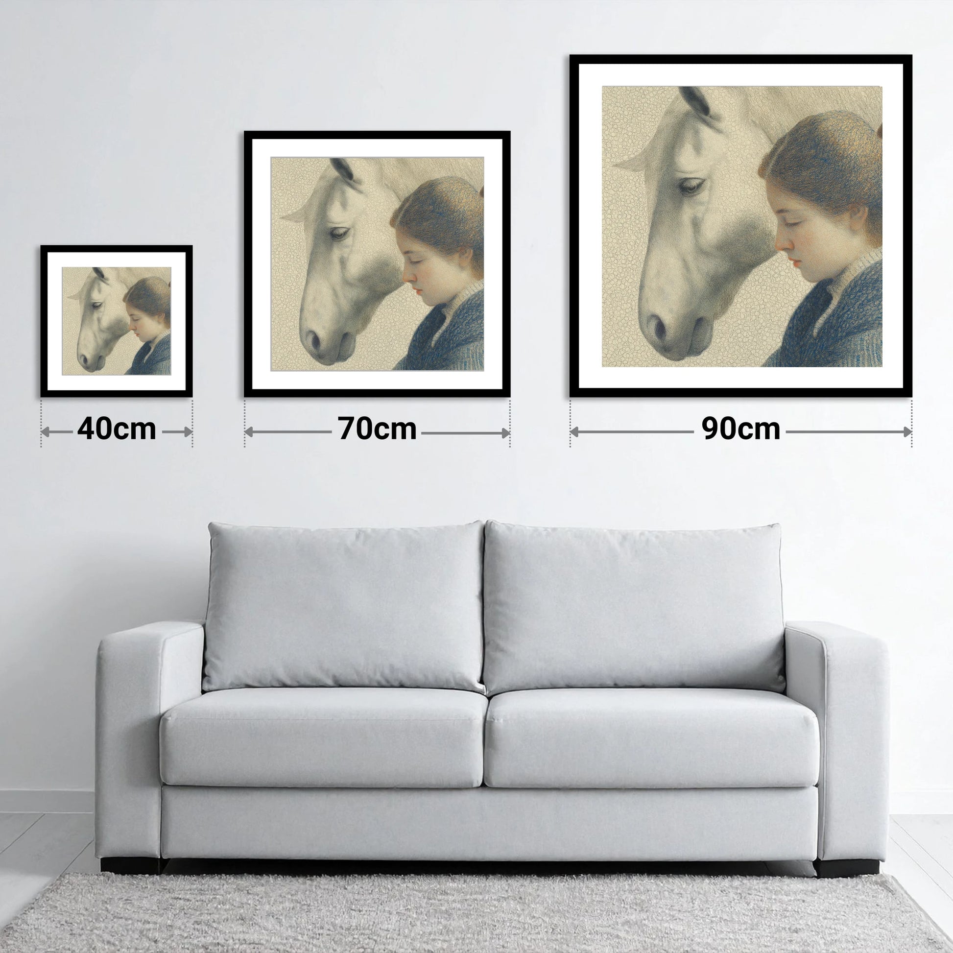 Gentle Reflections - size guide showing 40cm, 70cm and 90cm art prints