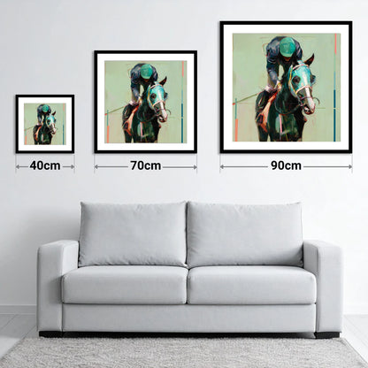 Blinkered Focus - size guide showing 40cm, 70cm and 90cm art prints