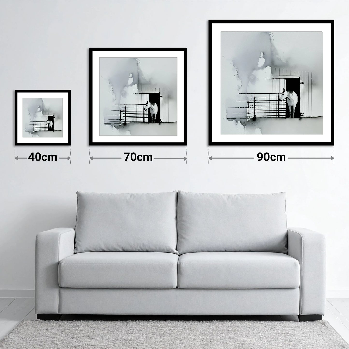 Dawn at the Stable - size guide showing 40cm, 70cm and 90cm art prints