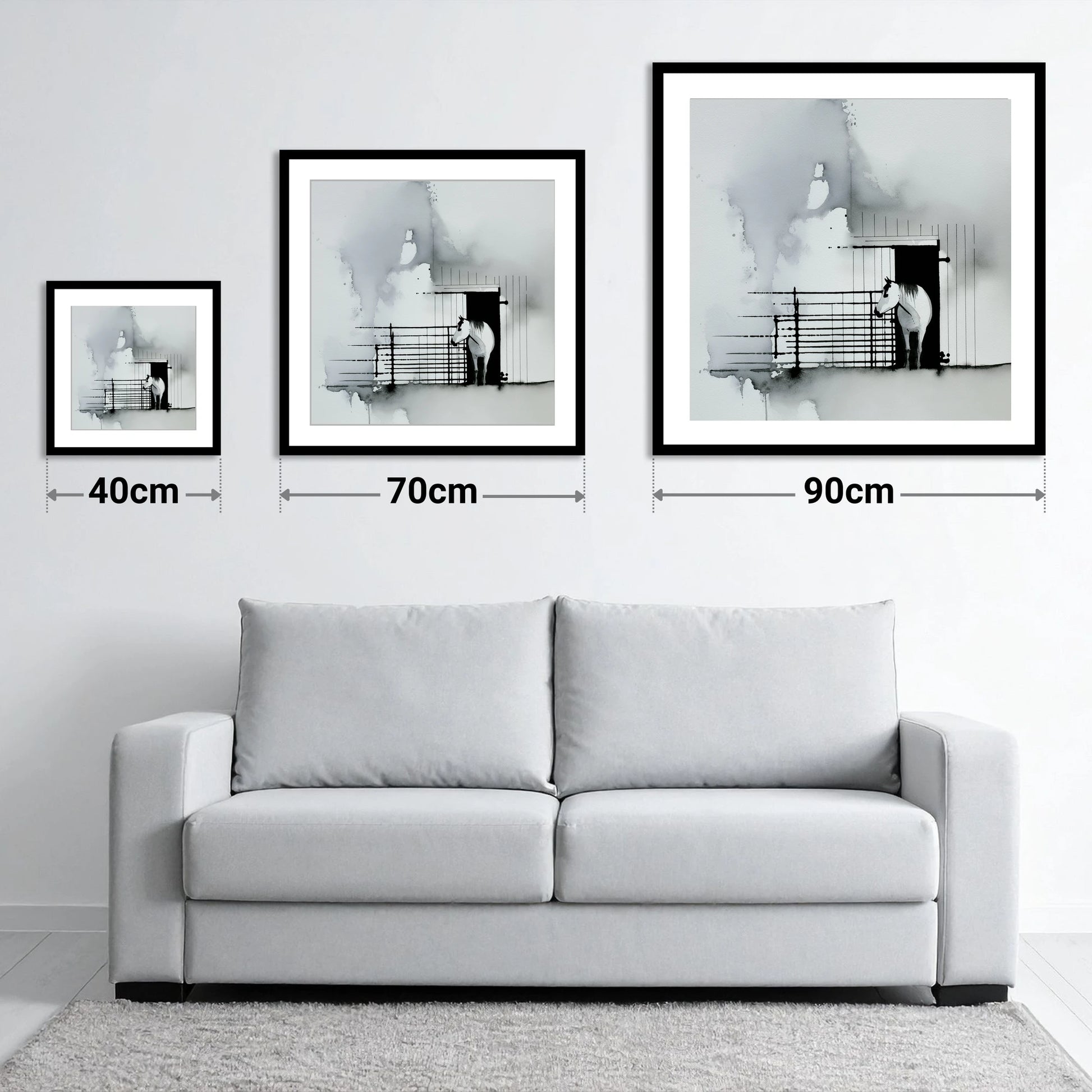 Dawn at the Stable - size guide showing 40cm, 70cm and 90cm art prints