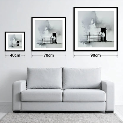 Dawn at the Stable - size guide showing 40cm, 70cm and 90cm art prints