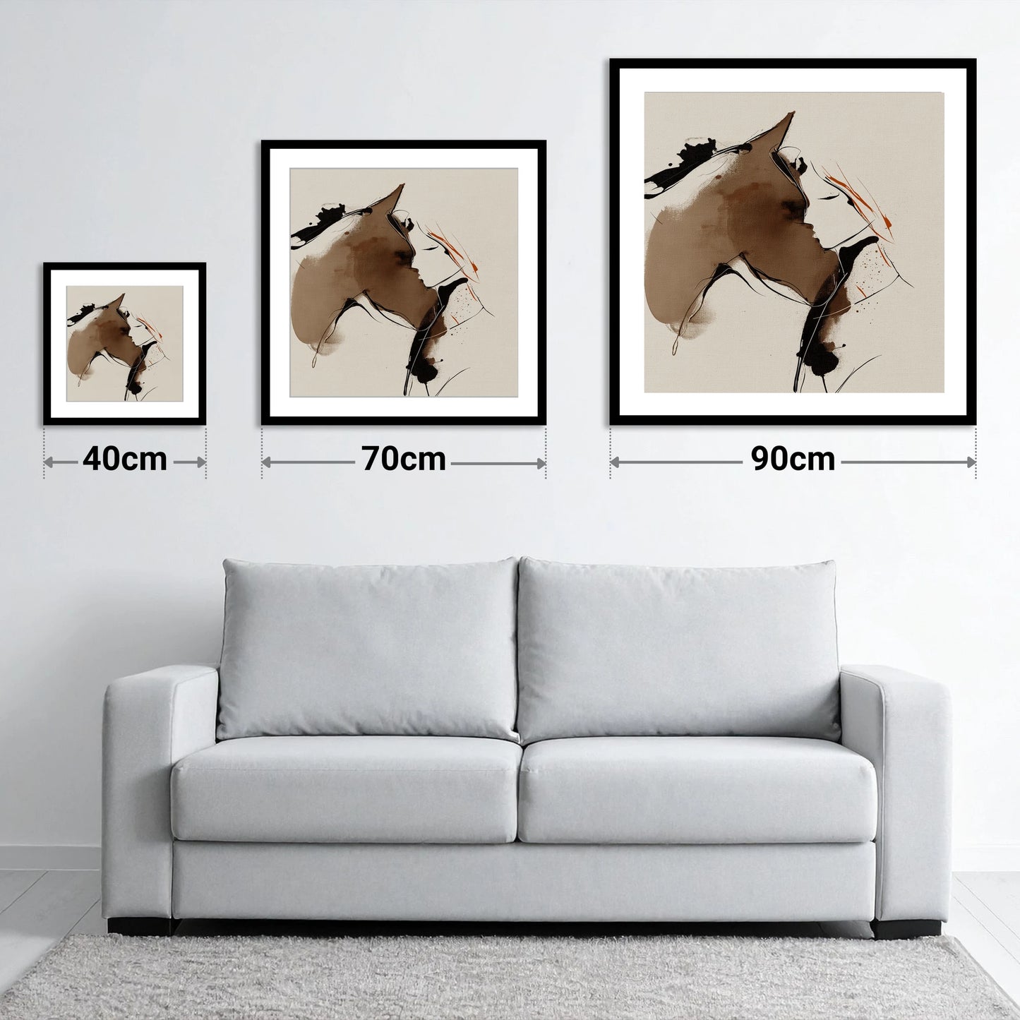 Silent Connection - size guide showing 40cm, 70cm and 90cm art prints
