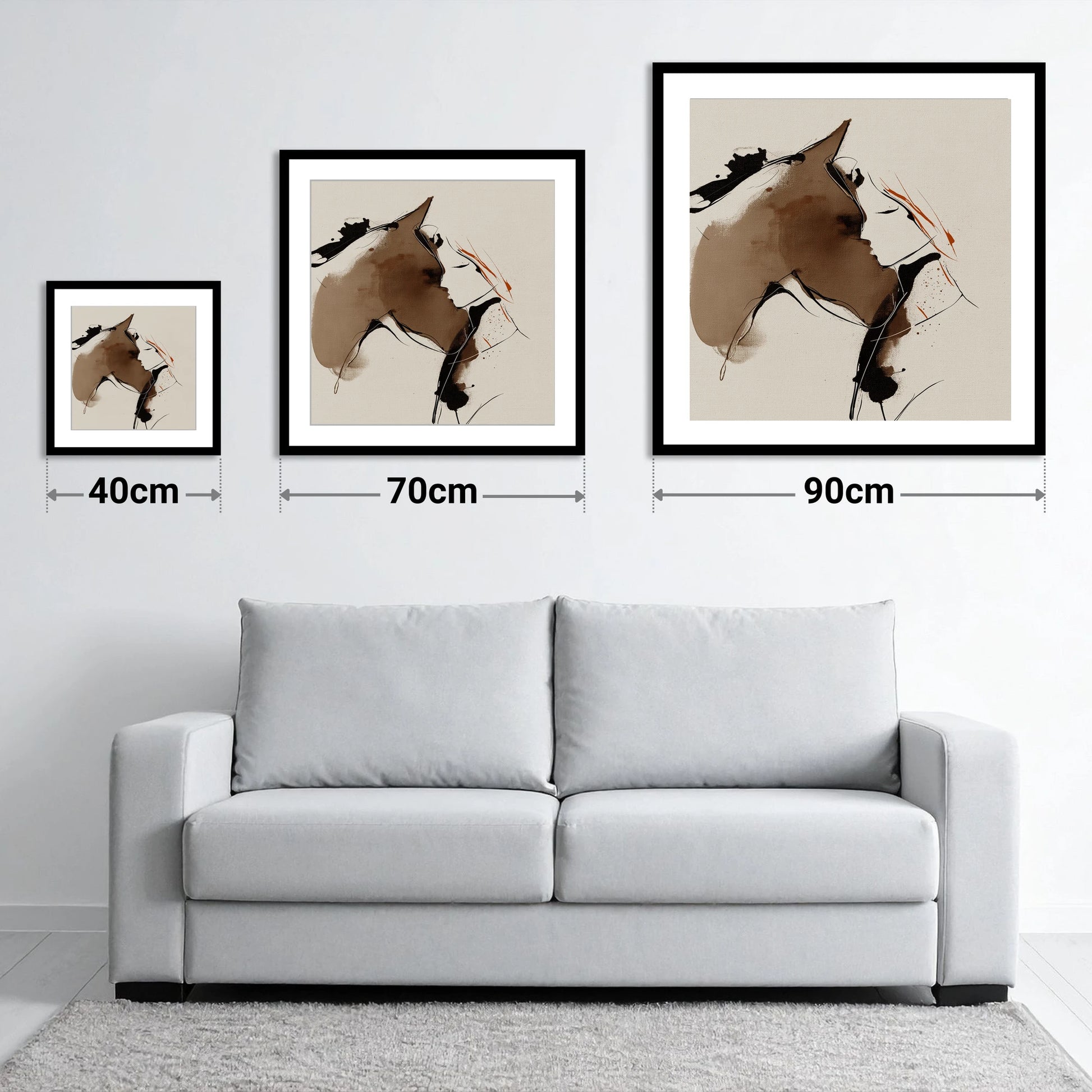 Silent Connection - size guide showing 40cm, 70cm and 90cm art prints