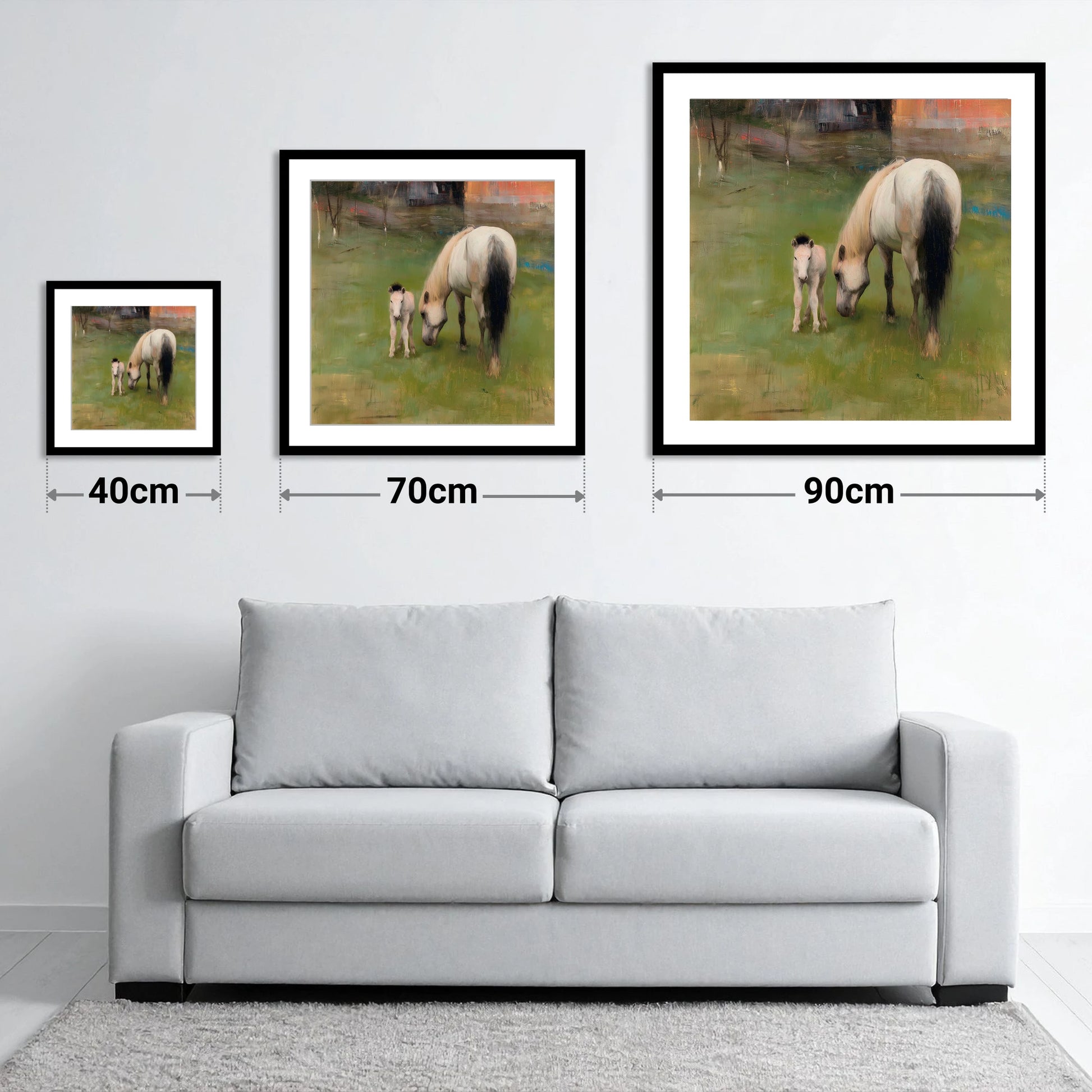 Quiet Pastoral Bond - size guide showing 40cm, 70cm and 90cm art prints