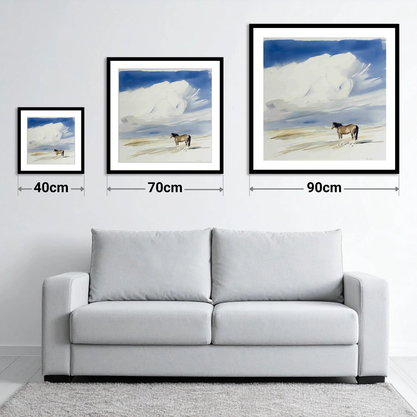 Beneath the Gathering Sky - size guide showing 40cm, 70cm and 90cm art prints