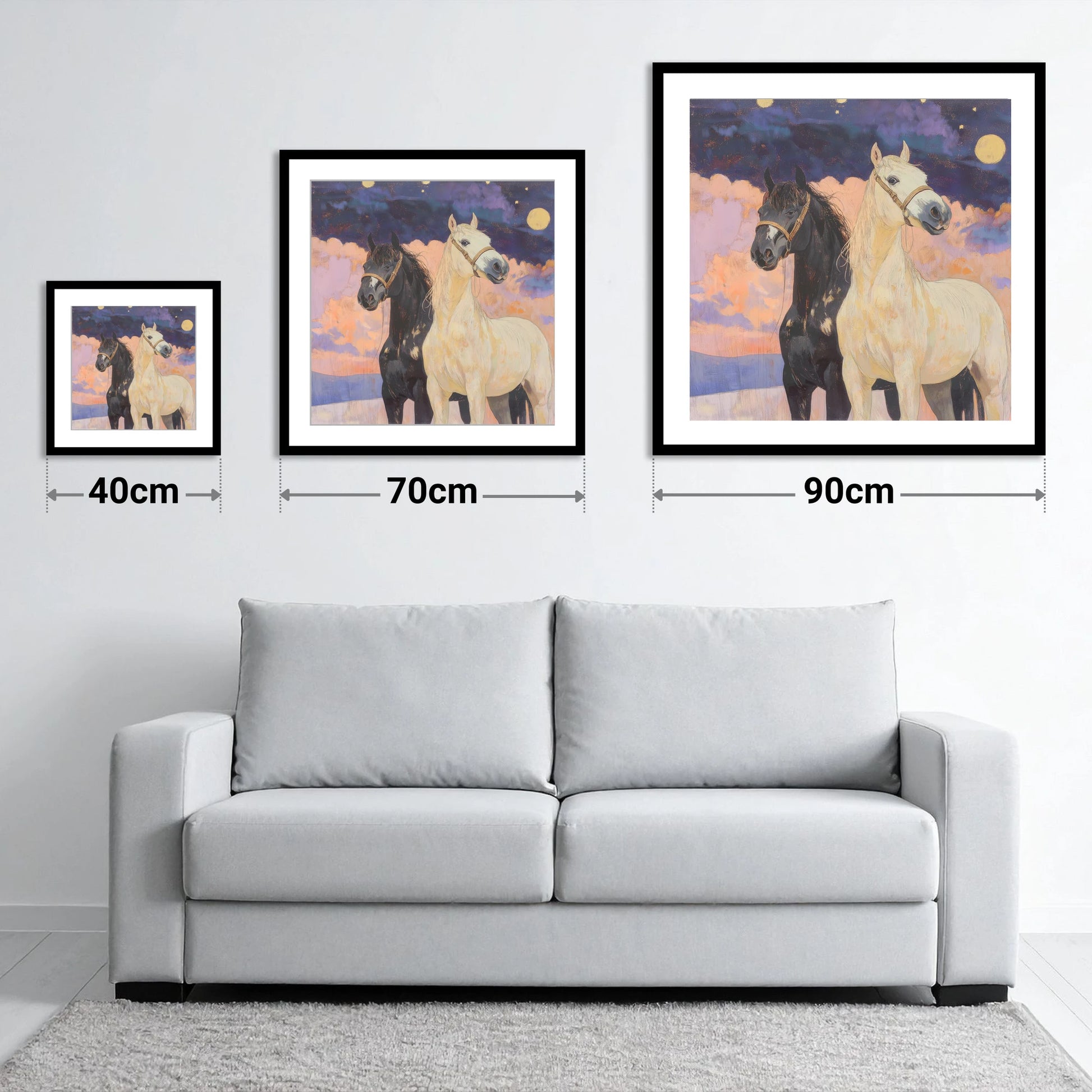 Celestial Companions - size guide showing 40cm, 70cm and 90cm art prints