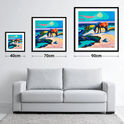 Vibrant Coastal Graze - size guide showing 40cm, 70cm and 90cm art prints