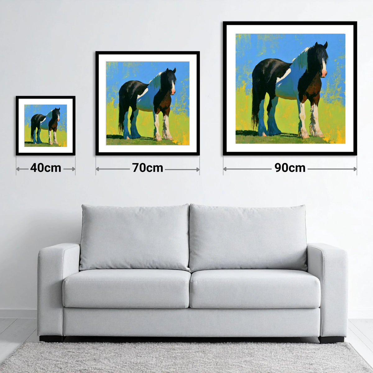 Piebald Cob in Summer Sun - size guide showing 40cm, 70cm and 90cm art prints