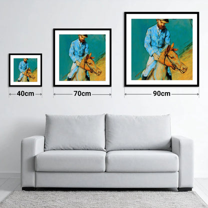 The Cerulean Rider - size guide showing 40cm, 70cm and 90cm art prints