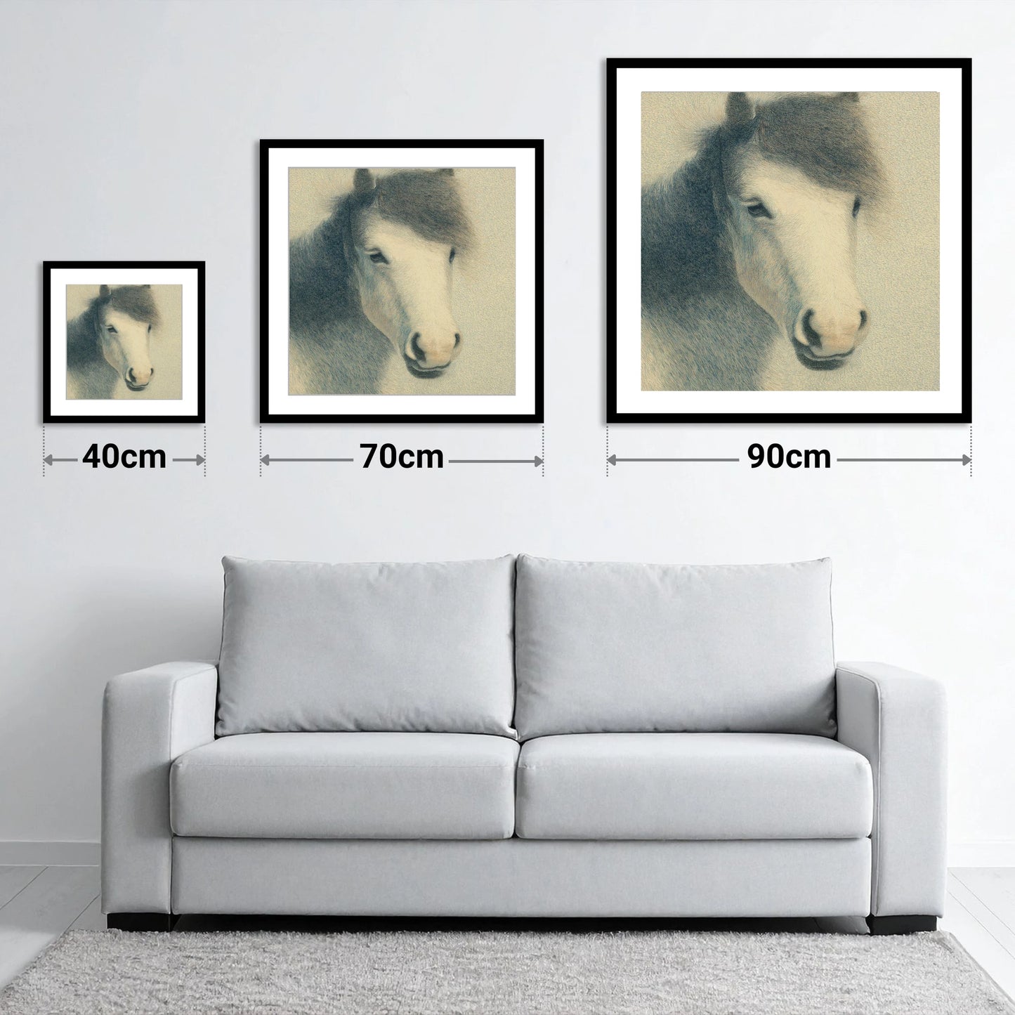 Midnight Slate Portrait - size guide showing 40cm, 70cm and 90cm art prints