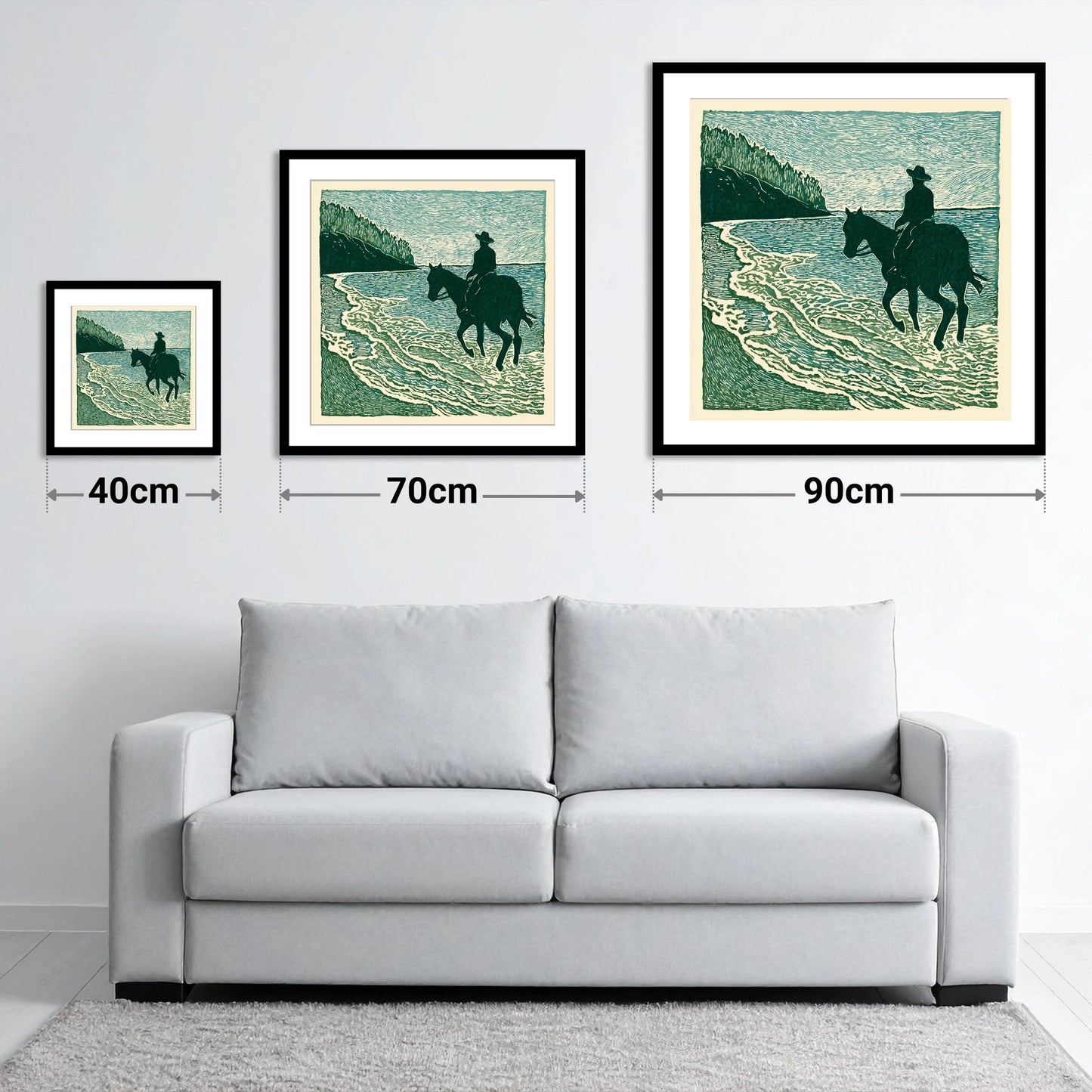 Edge of the Tide - size guide showing 40cm, 70cm and 90cm art prints
