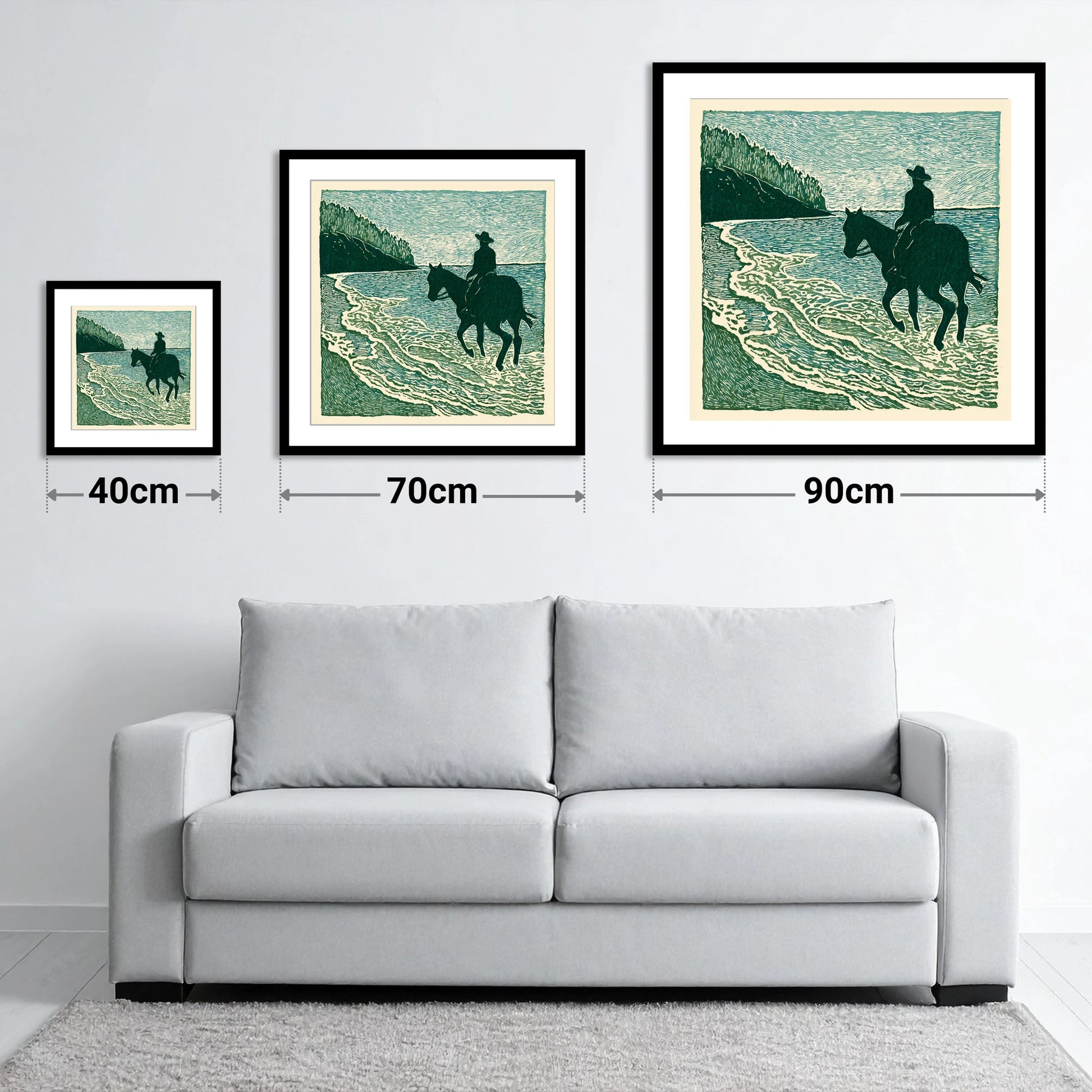 Edge of the Tide - size guide showing 40cm, 70cm and 90cm art prints