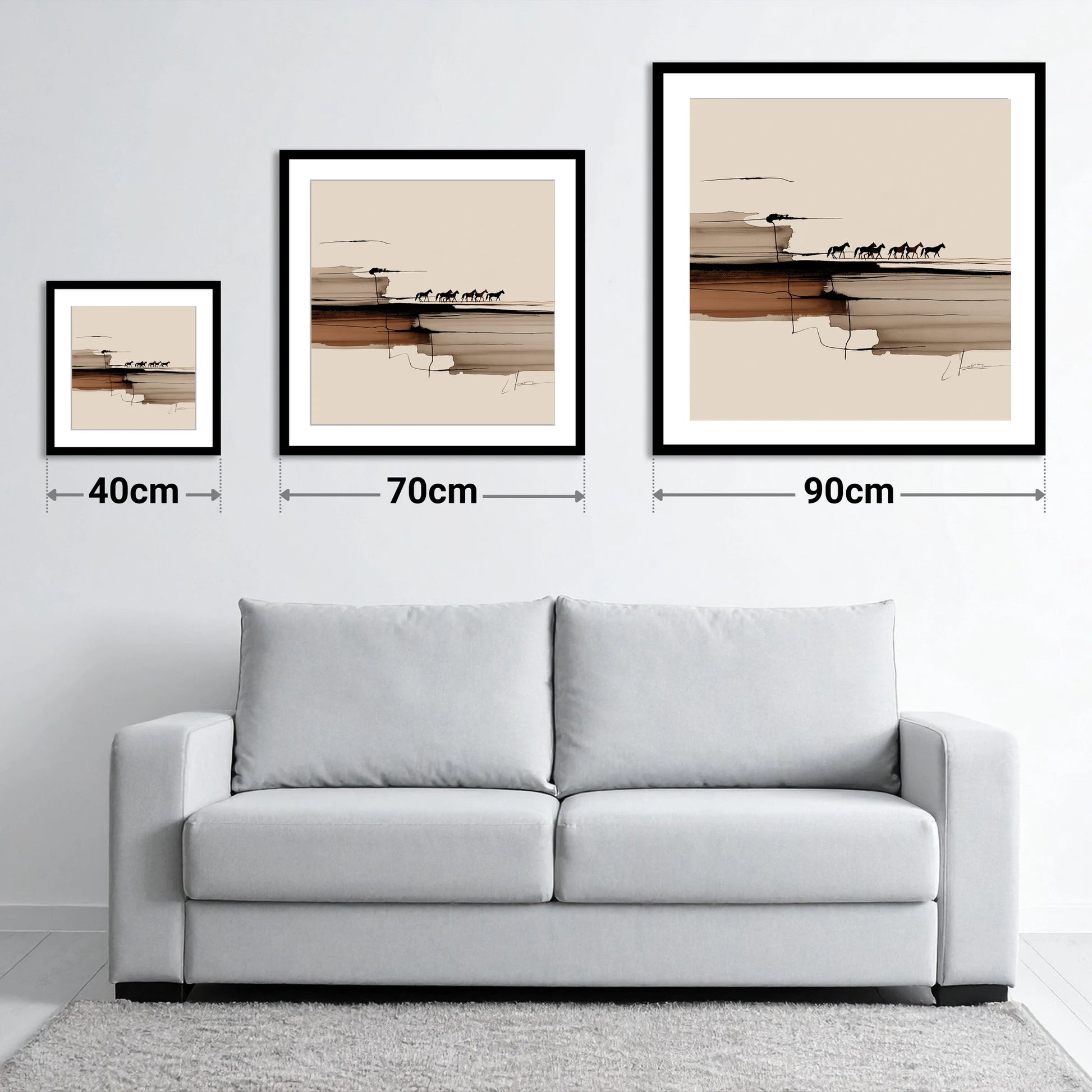 The Distant Herd - size guide showing 40cm, 70cm and 90cm art prints