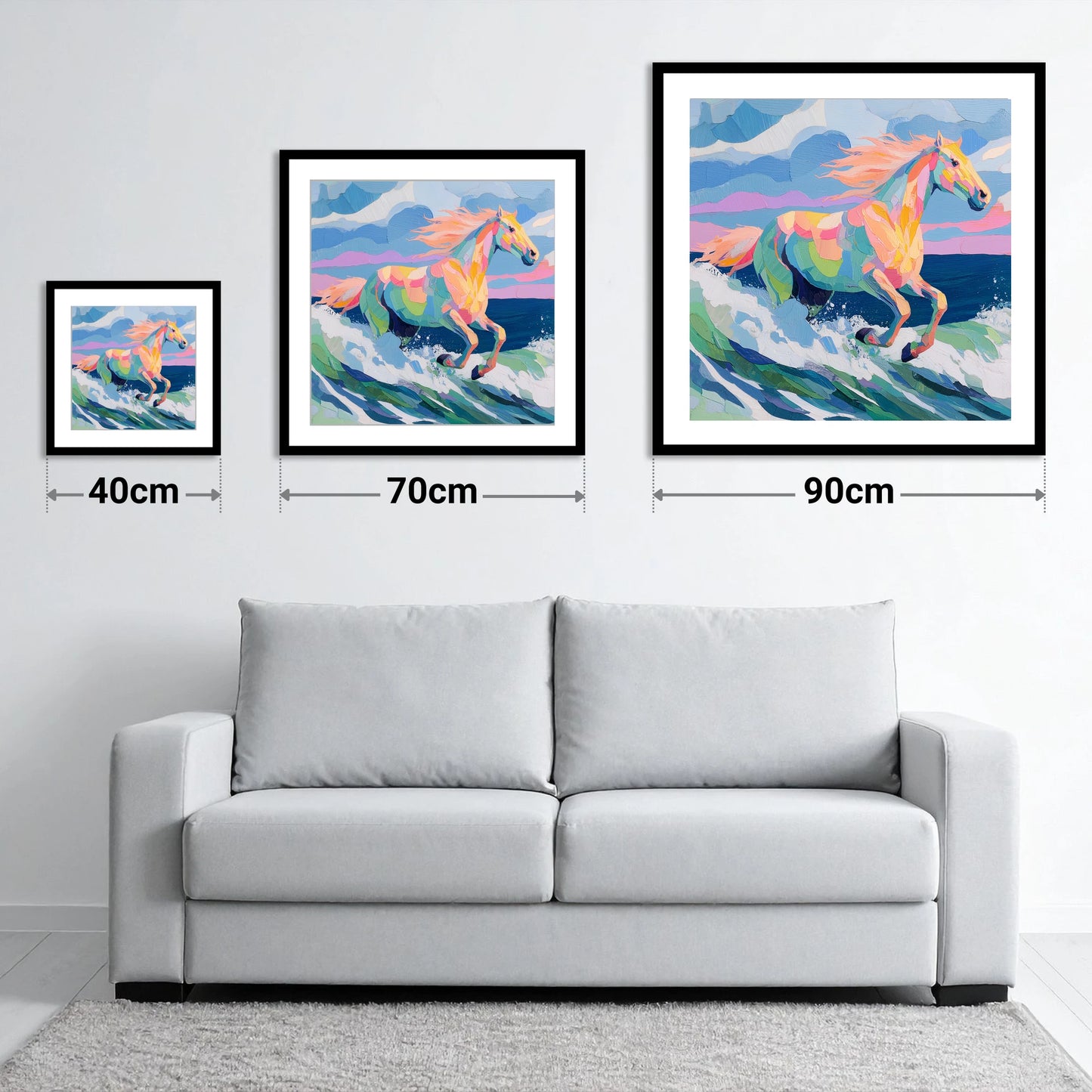 Technicolour Tide - size guide showing 40cm, 70cm and 90cm art prints