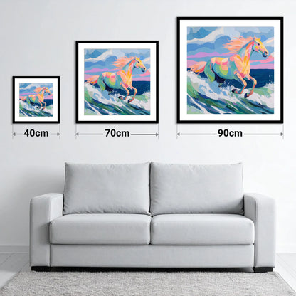 Technicolour Tide - size guide showing 40cm, 70cm and 90cm art prints