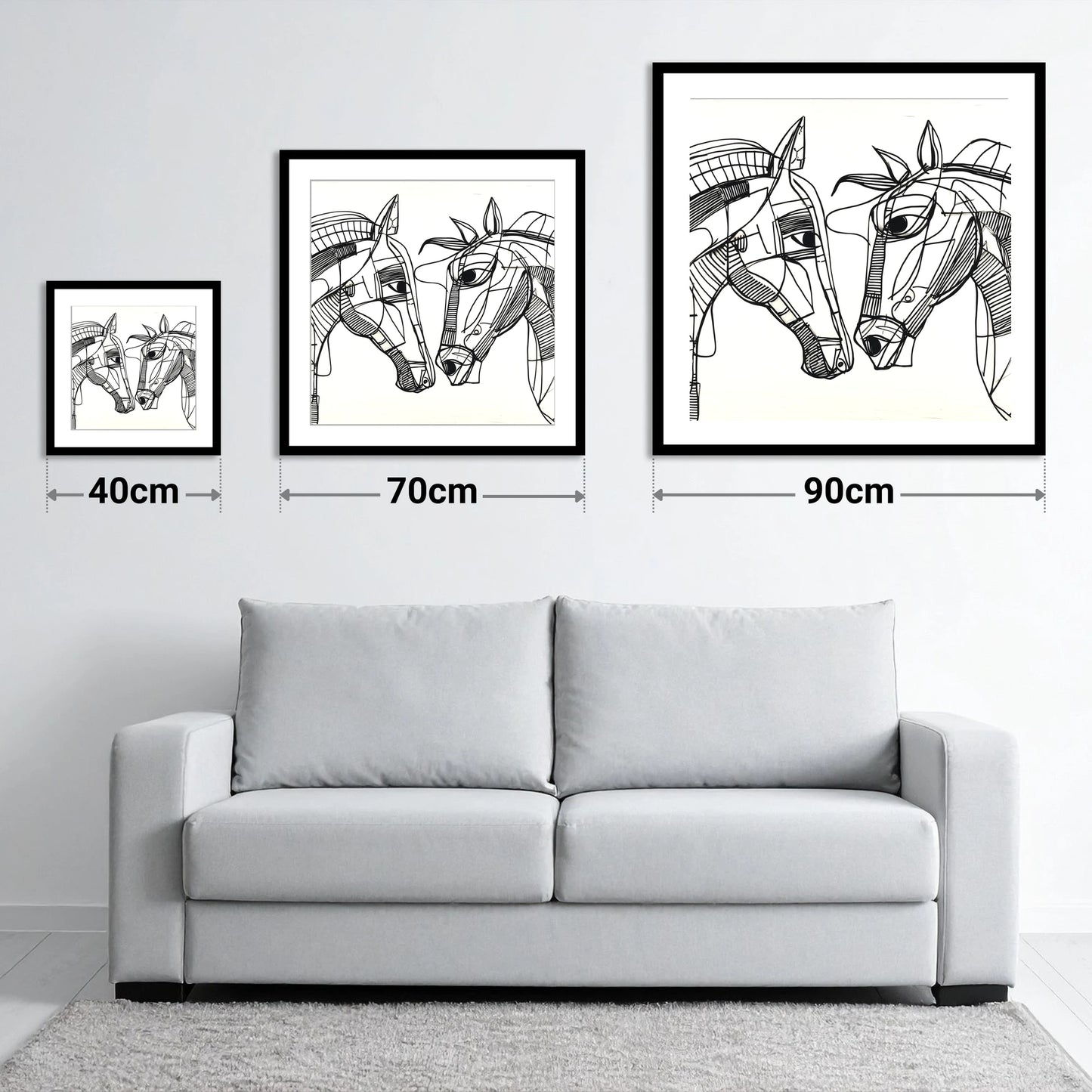 Linear Equine Connection - size guide showing 40cm, 70cm and 90cm art prints
