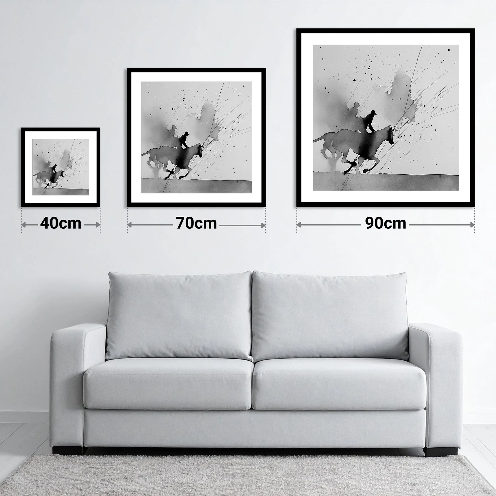 Kinetic Flight - size guide showing 40cm, 70cm and 90cm art prints