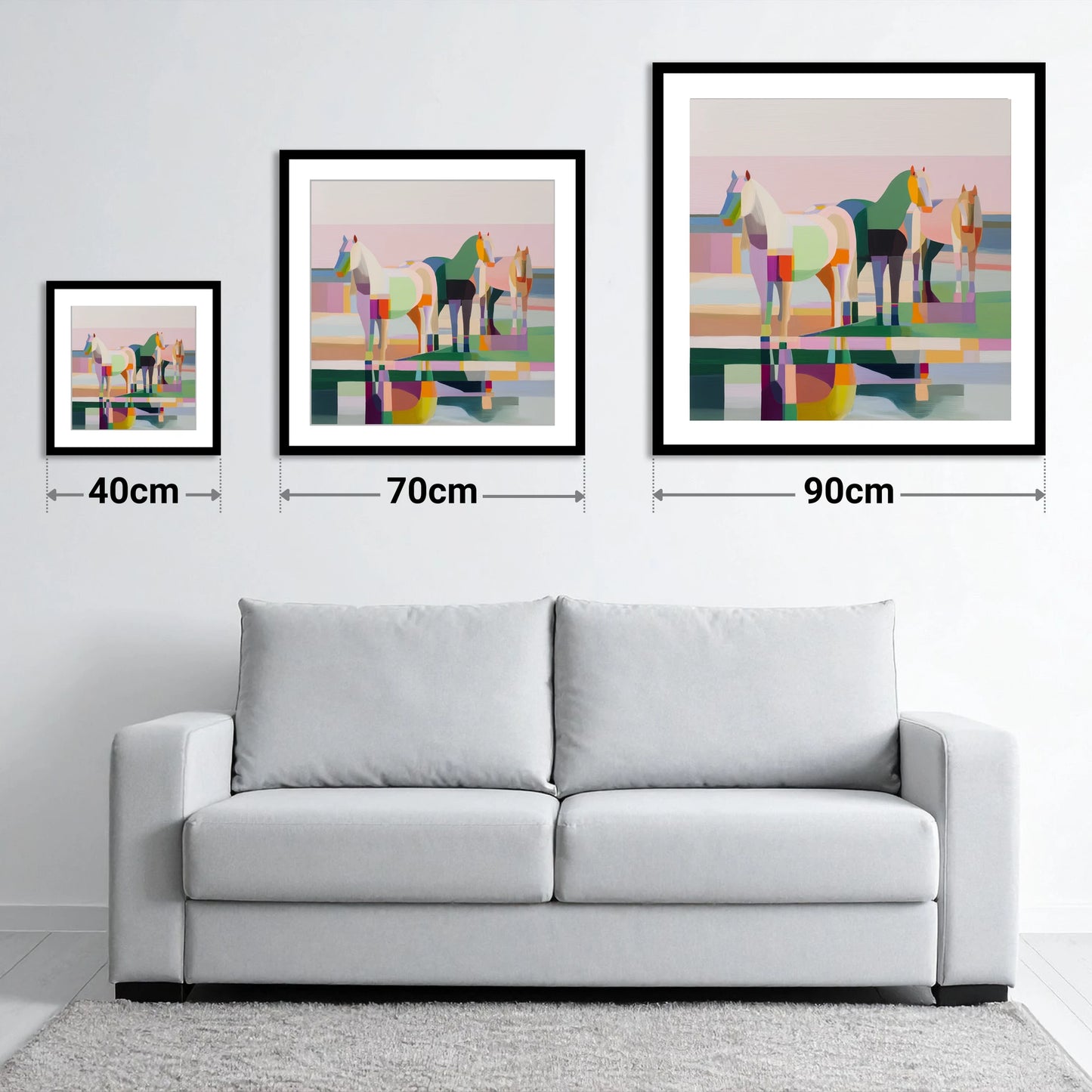 Geometric Equine Horizon - size guide showing 40cm, 70cm and 90cm art prints