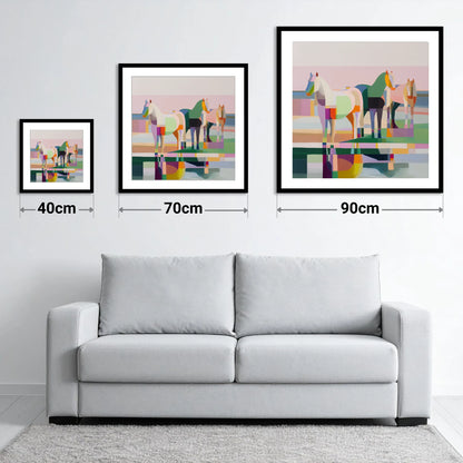 Geometric Equine Horizon - size guide showing 40cm, 70cm and 90cm art prints