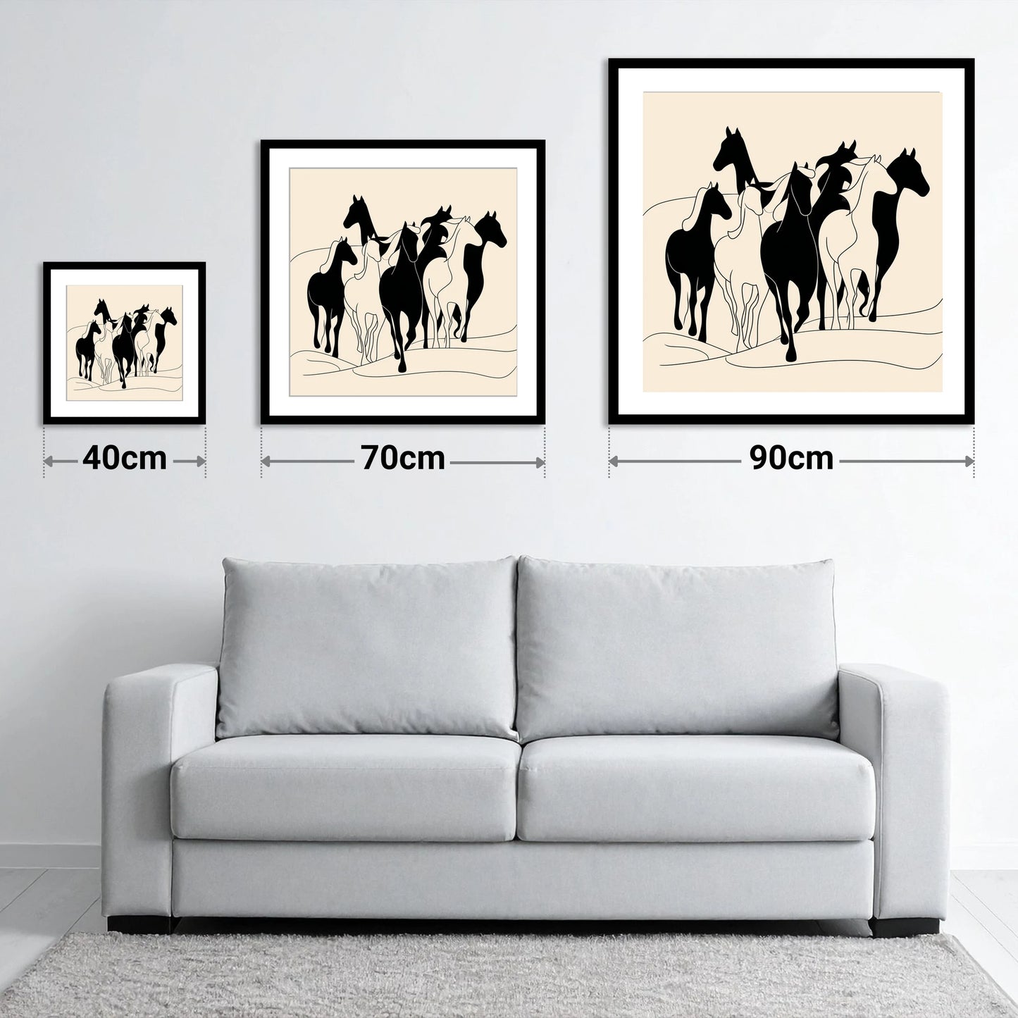 Fluid Herd Harmony - size guide showing 40cm, 70cm and 90cm art prints