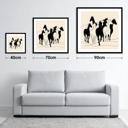 Fluid Herd Harmony - size guide showing 40cm, 70cm and 90cm art prints