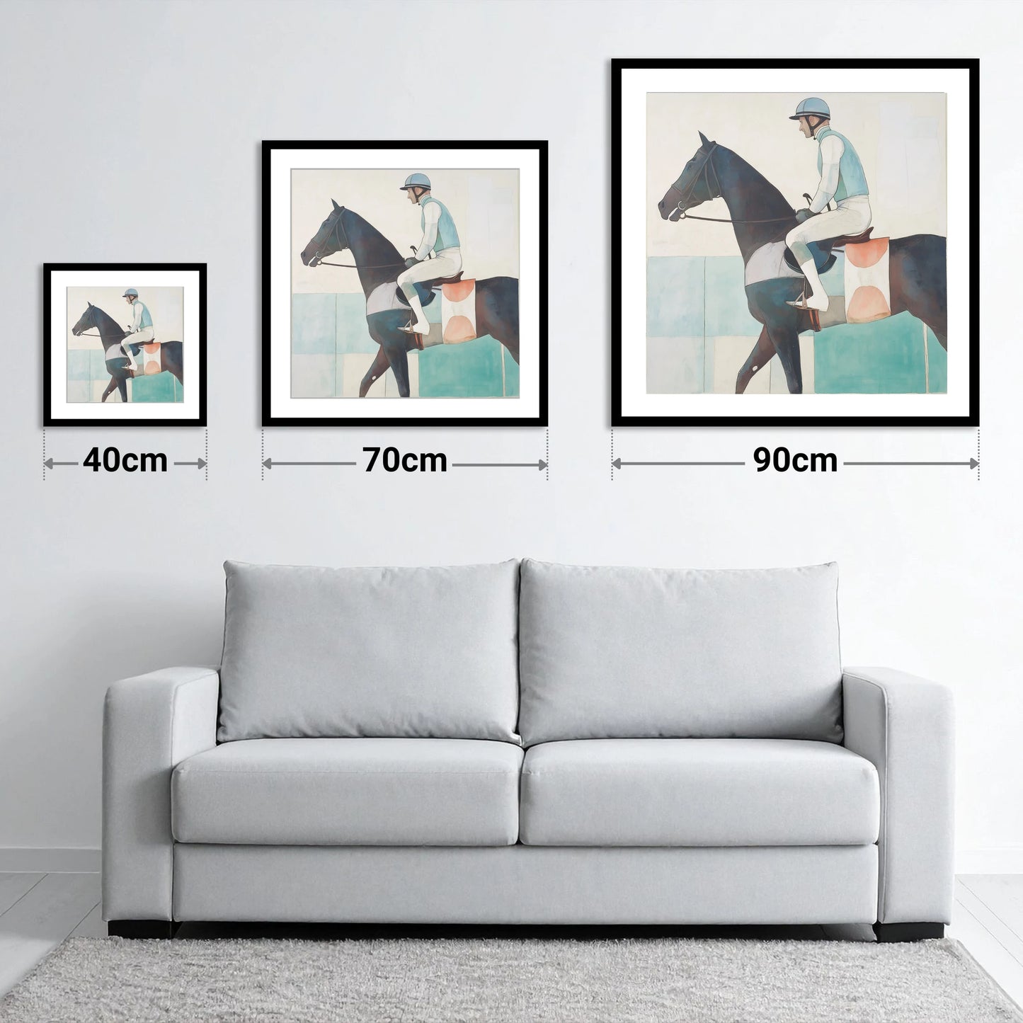 Aquamarine Stride - size guide showing 40cm, 70cm and 90cm art prints