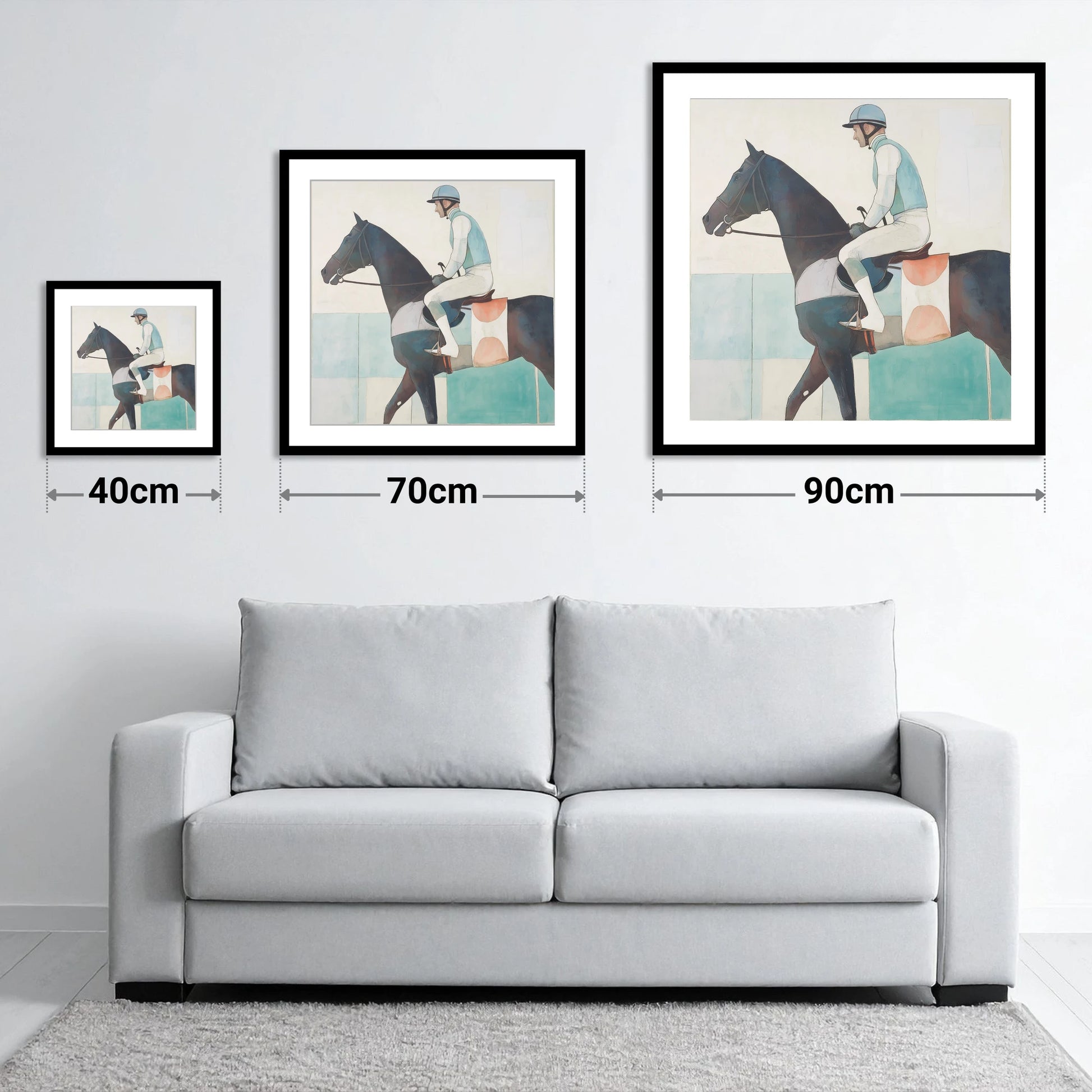 Aquamarine Stride - size guide showing 40cm, 70cm and 90cm art prints