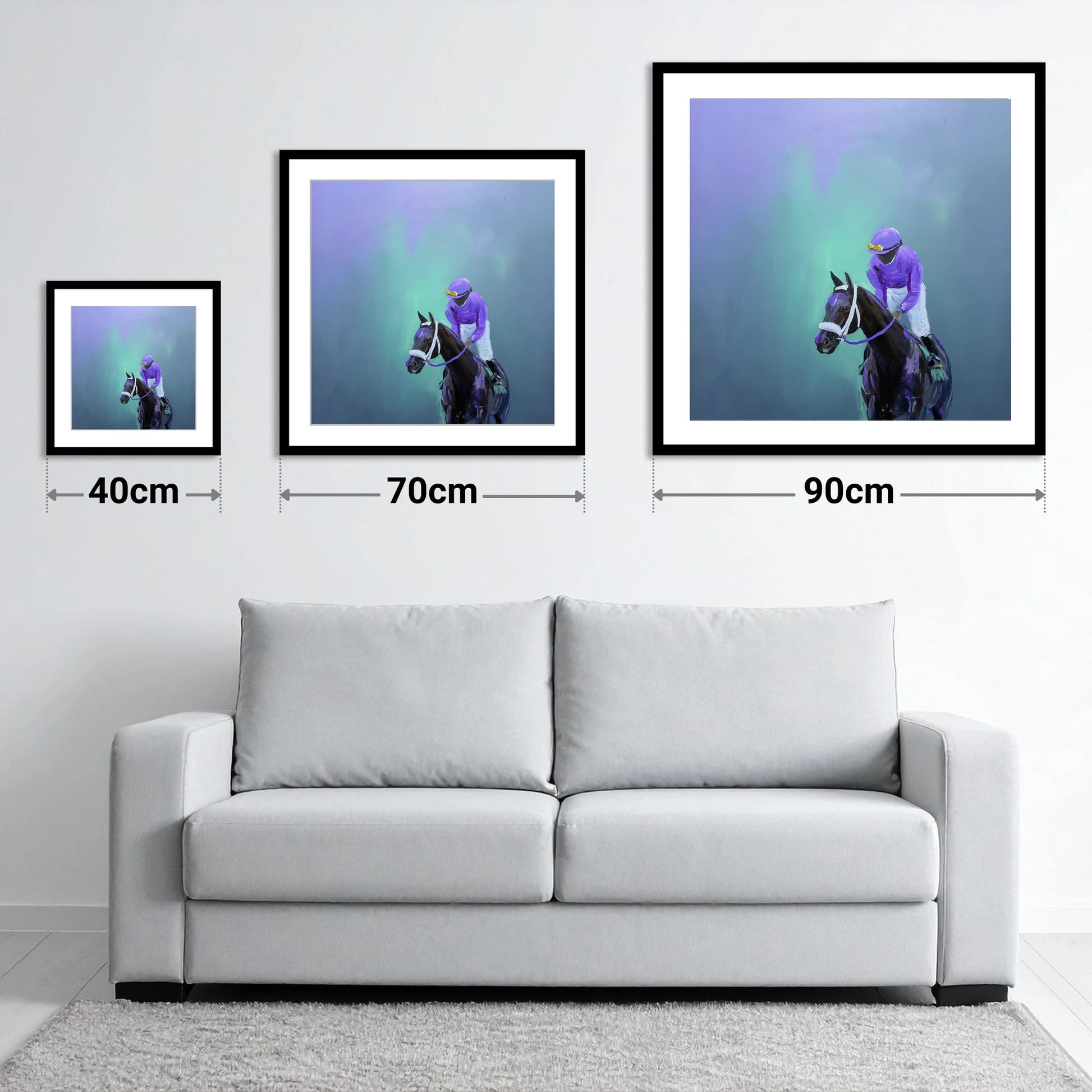 Quiet at the Post - size guide showing 40cm, 70cm and 90cm art prints