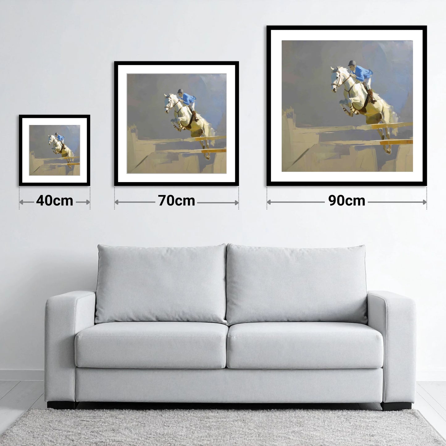 Soaring Grey Showjumper - size guide showing 40cm, 70cm and 90cm art prints