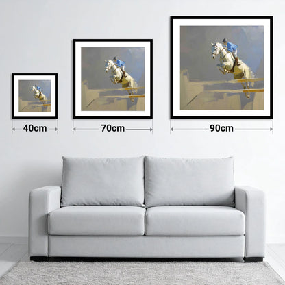 Soaring Grey Showjumper - size guide showing 40cm, 70cm and 90cm art prints