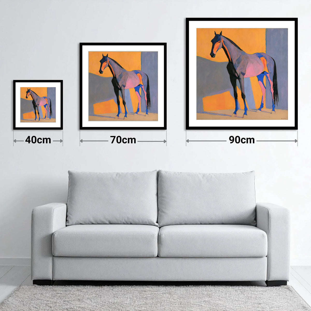 Vibrant Colour Block Horse - size guide showing 40cm, 70cm and 90cm art prints