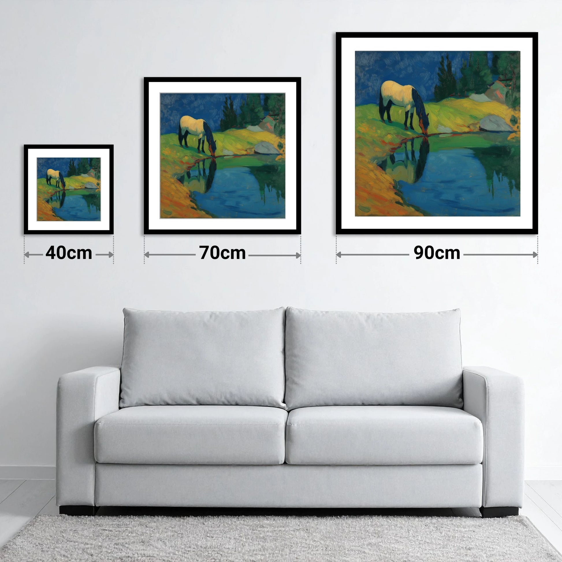 Sapphire Pool Reflections - size guide showing 40cm, 70cm and 90cm art prints