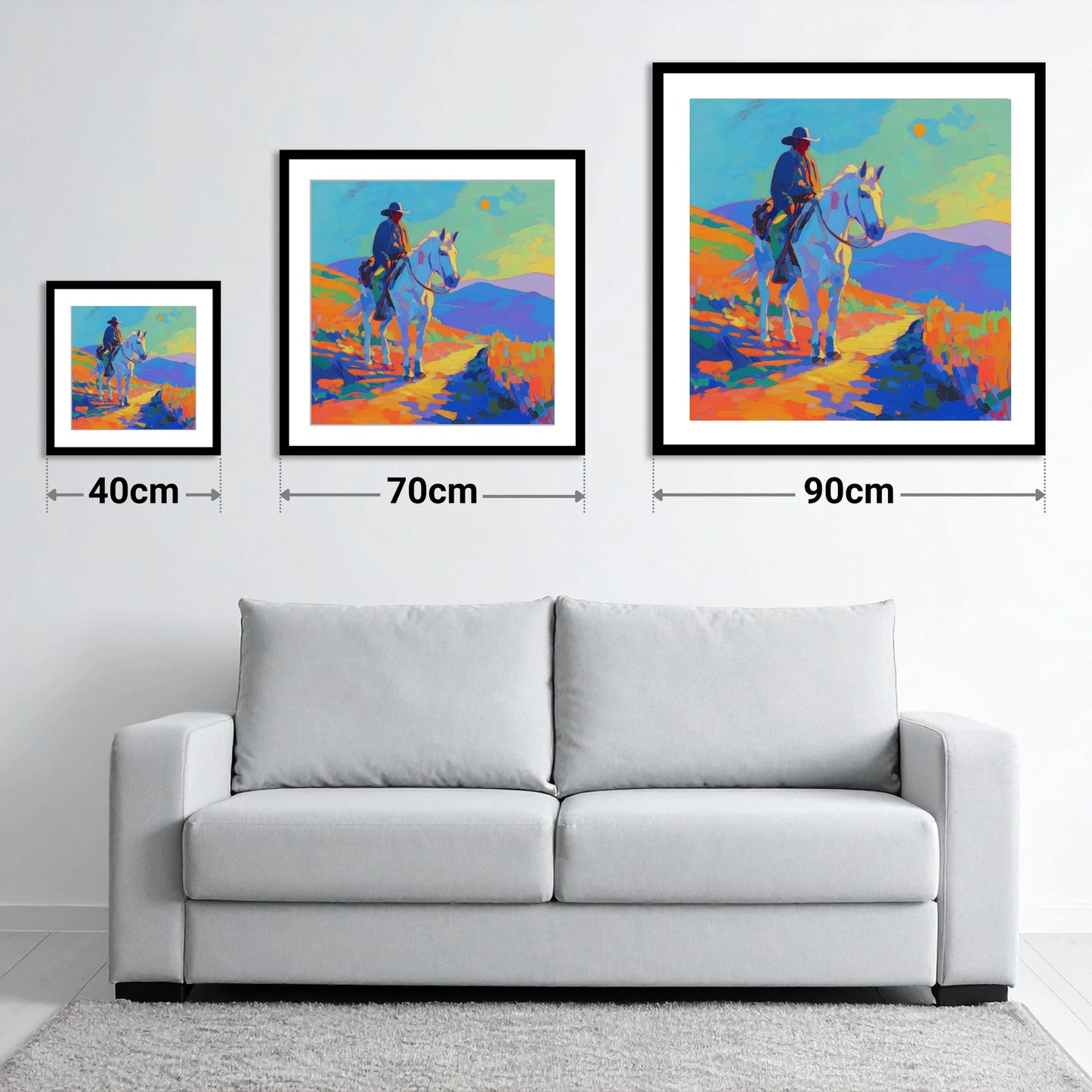 Painted Western Sun - size guide showing 40cm, 70cm and 90cm art prints