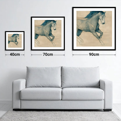 Teal Equine Study - size guide showing 40cm, 70cm and 90cm art prints