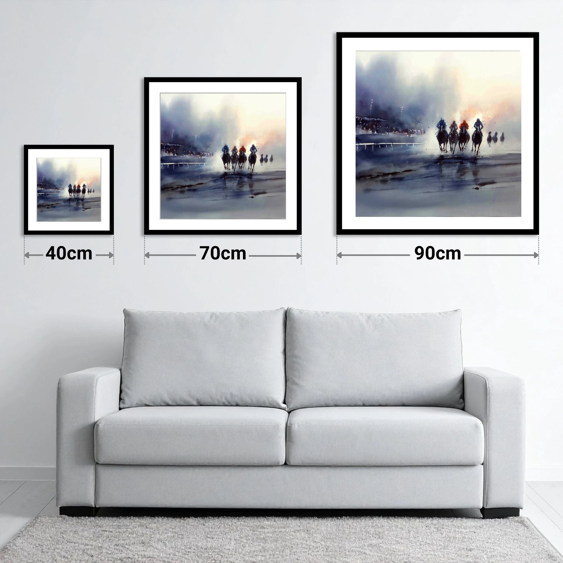 Out of the Mist - size guide showing 40cm, 70cm and 90cm art prints