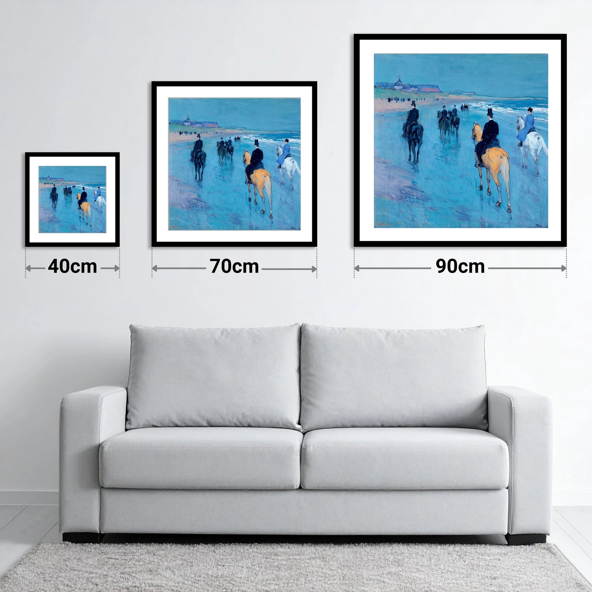 Azure Shore Riders - size guide showing 40cm, 70cm and 90cm art prints