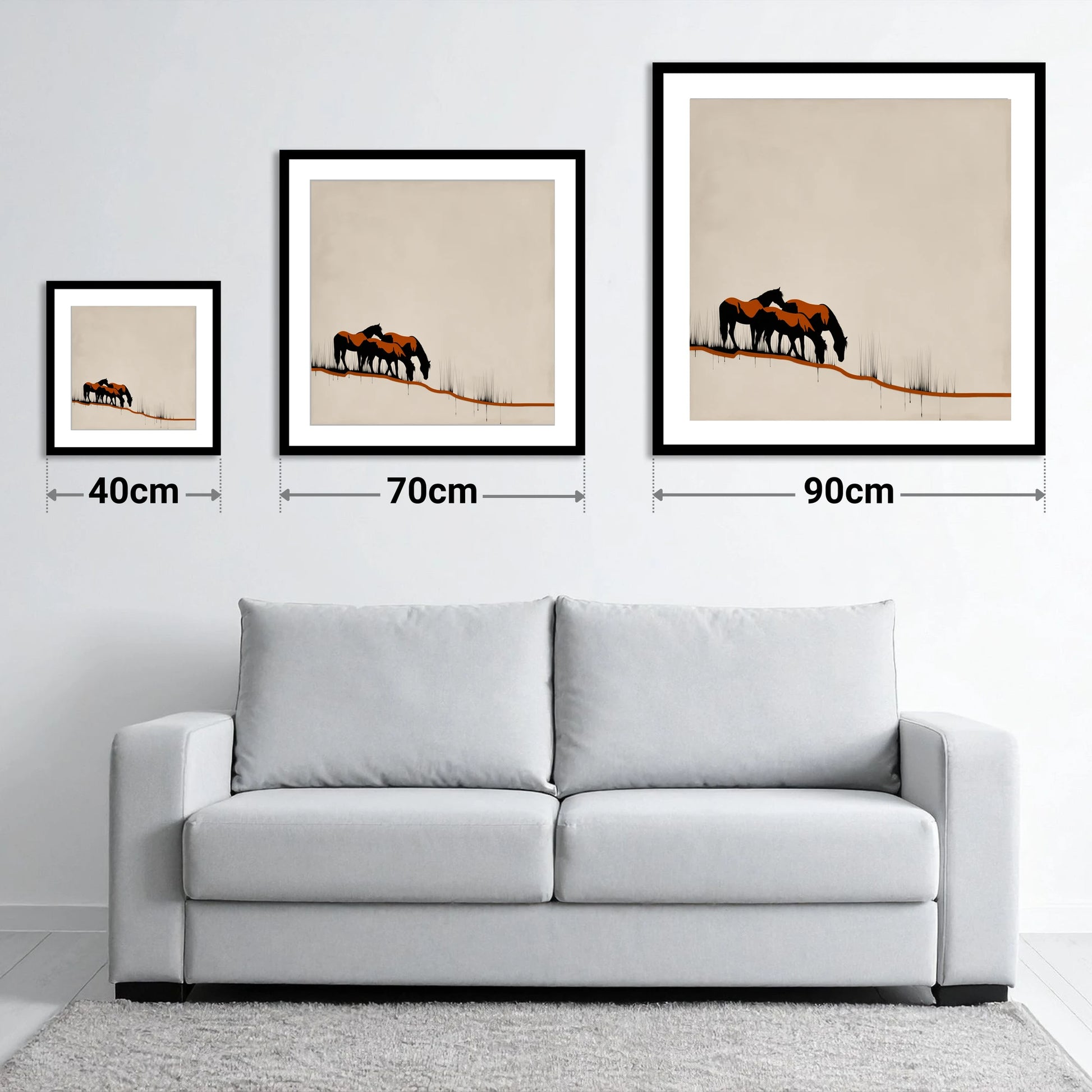 Copper and Ink Herd - size guide showing 40cm, 70cm and 90cm art prints