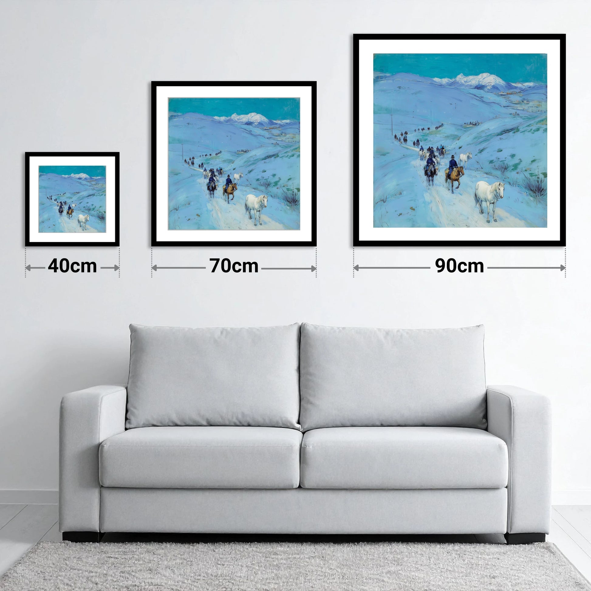 Alpine Winter Cavalcade - size guide showing 40cm, 70cm and 90cm art prints