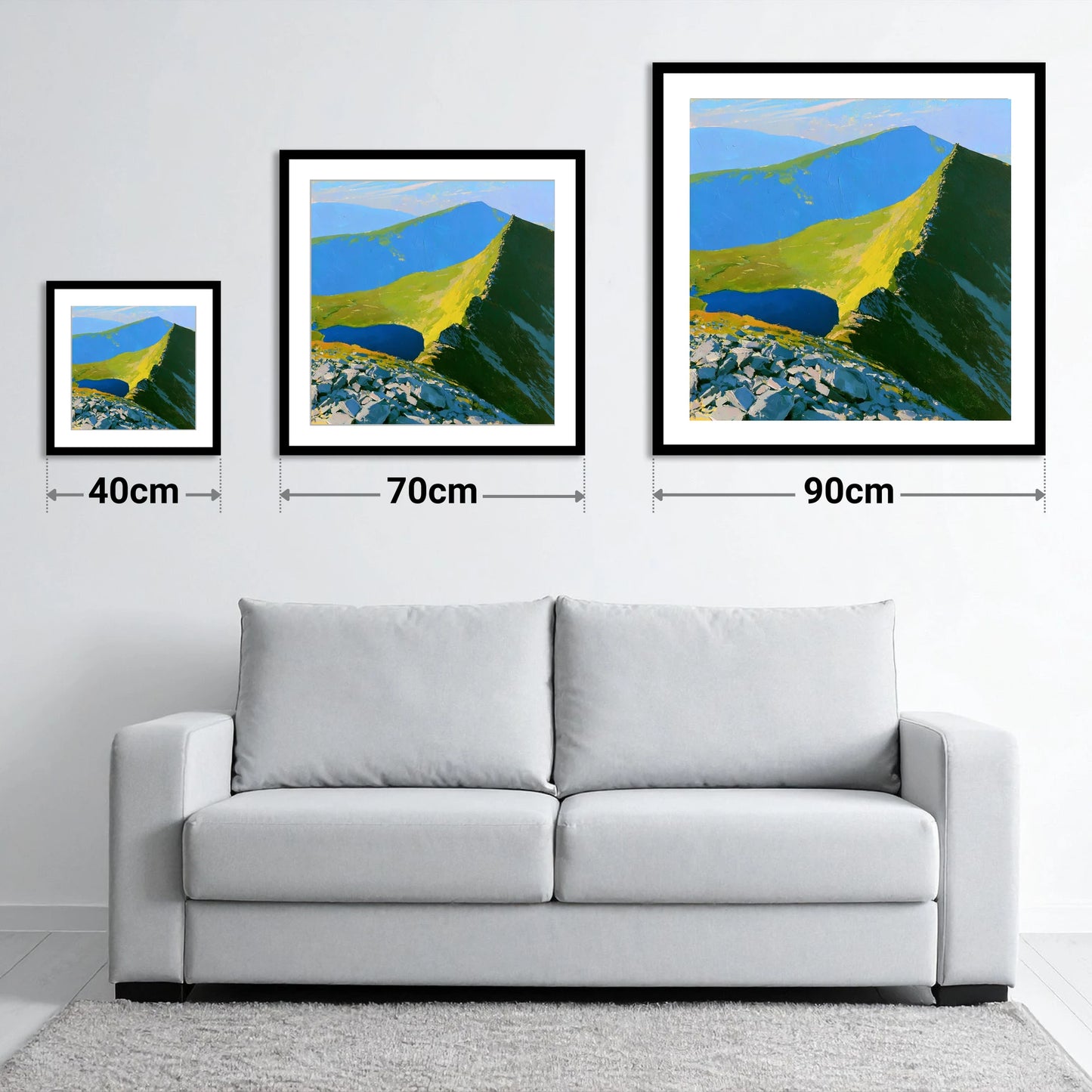 Vibrant Mountain Tarn Landscape - size guide showing 40cm, 70cm and 90cm art prints