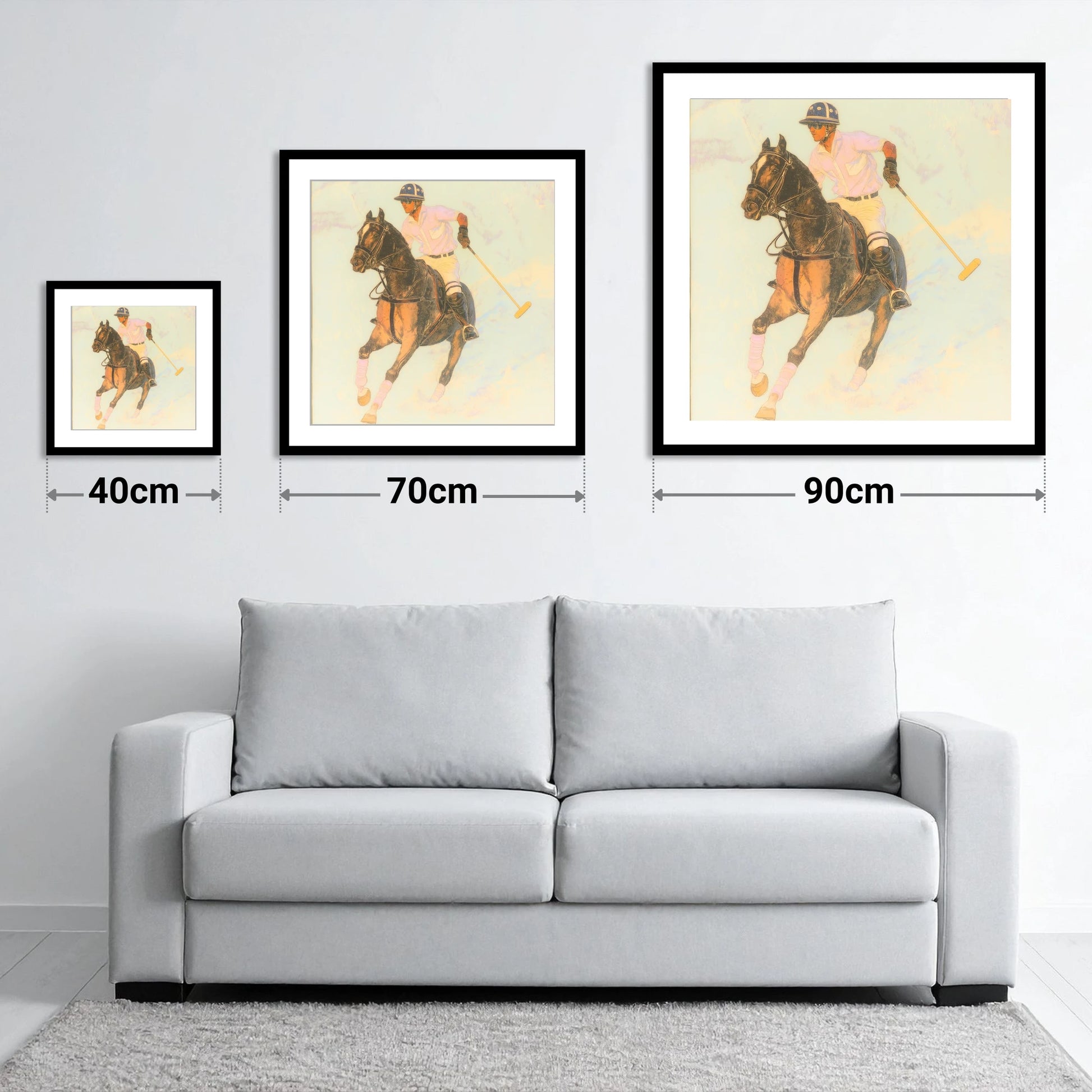 Luminous Chukka - size guide showing 40cm, 70cm and 90cm art prints