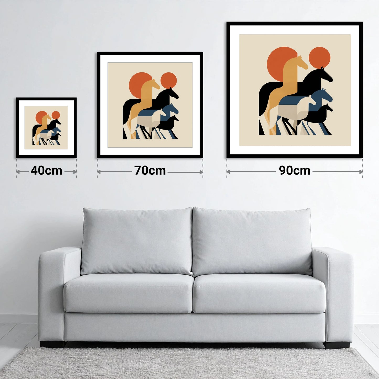 Geometric Sunrise Herd - size guide showing 40cm, 70cm and 90cm art prints
