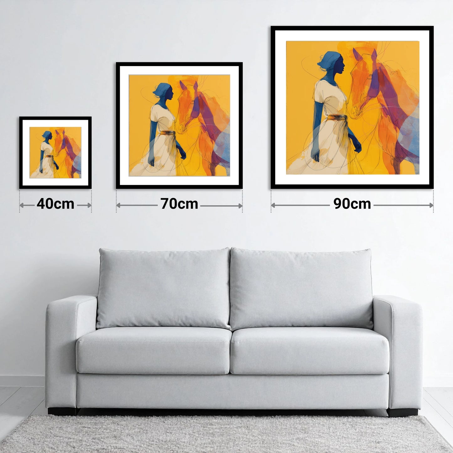 Golden Synchronicity - size guide showing 40cm, 70cm and 90cm art prints