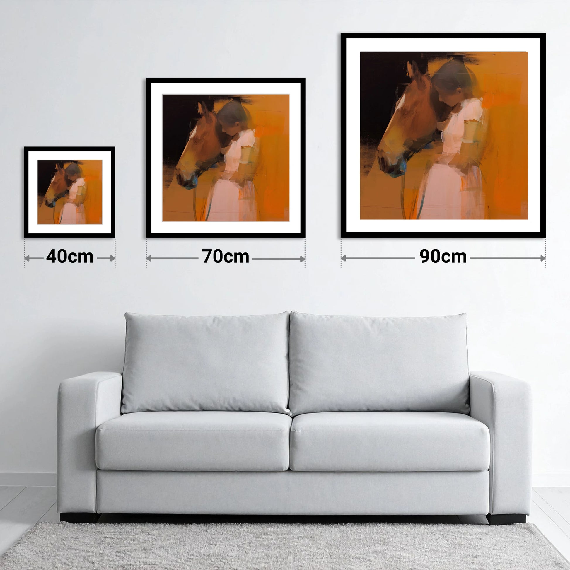 A Quiet Connection - size guide showing 40cm, 70cm and 90cm art prints